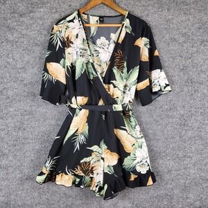 SHEIN Curve Romper Floral Black Tropical Wrap V-Neck Ruffle Hem Size 2XL
